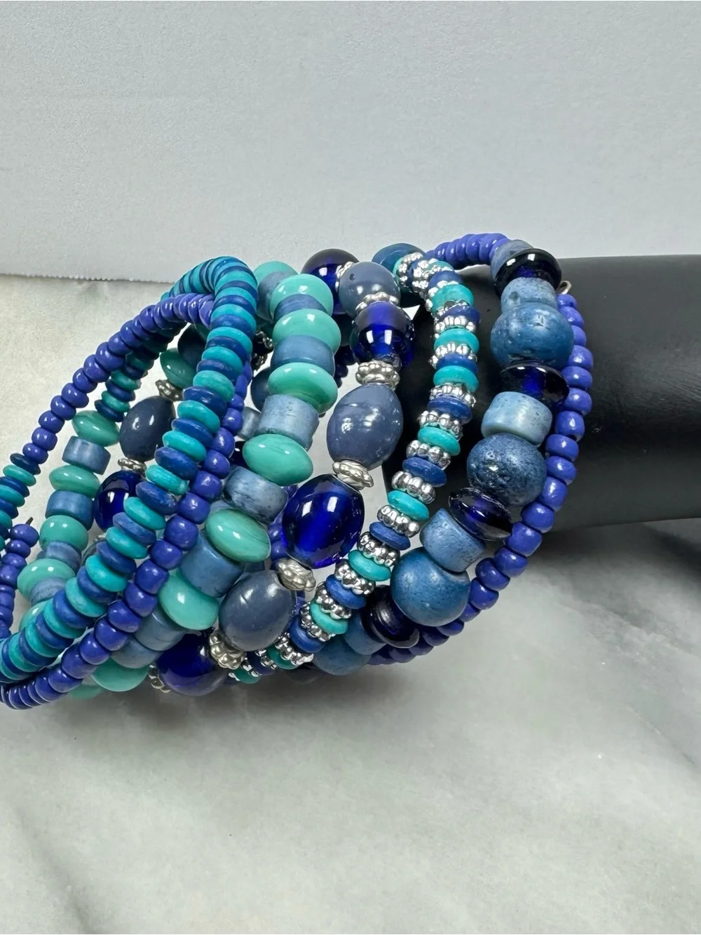 Ocean Hues Multi-Strand Beaded Bracelet Stack - Blue & Teal